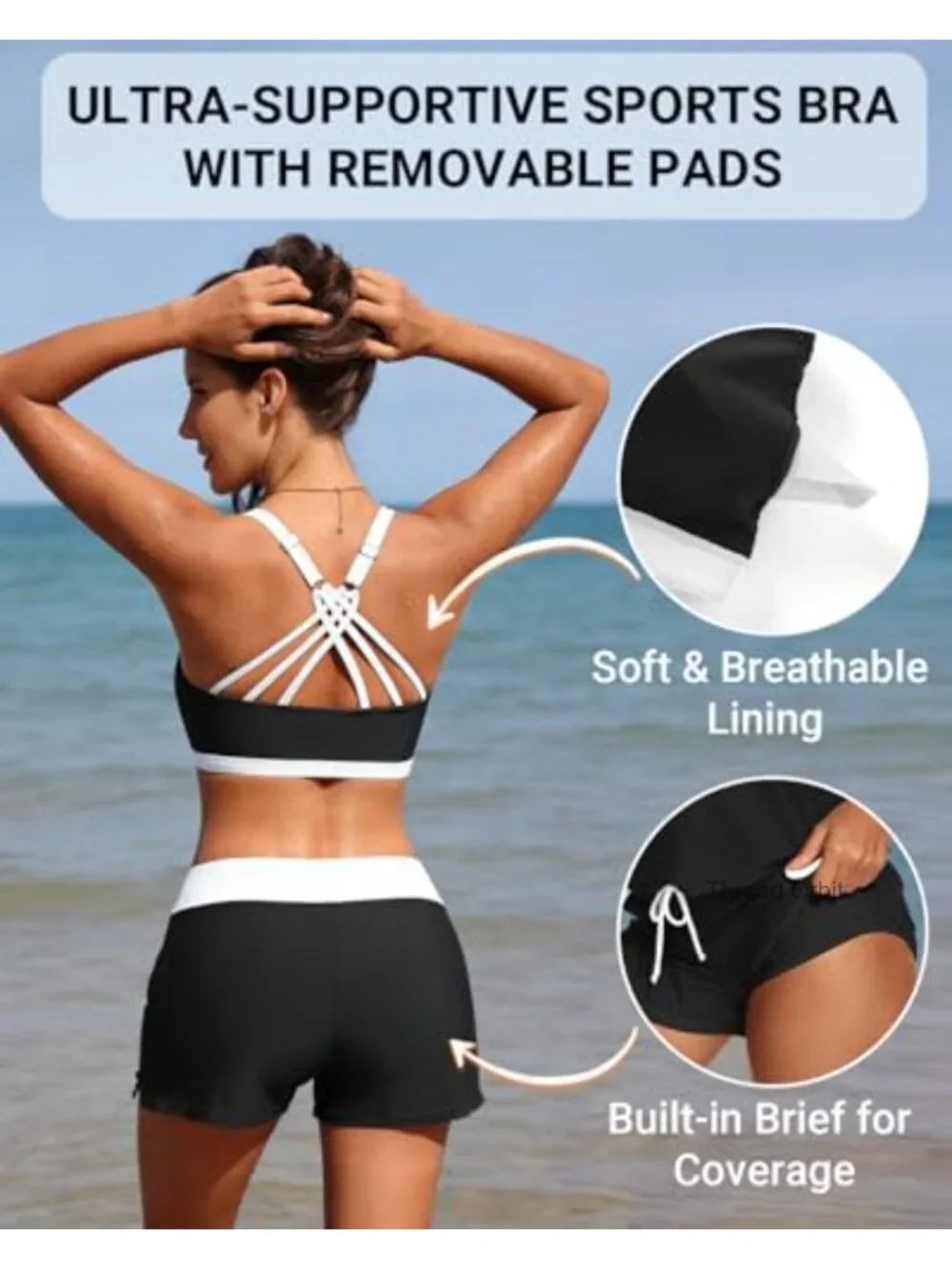 3 Piece Tankini with High Waisted Shorts & Sports Bra, Adjustable Straps,